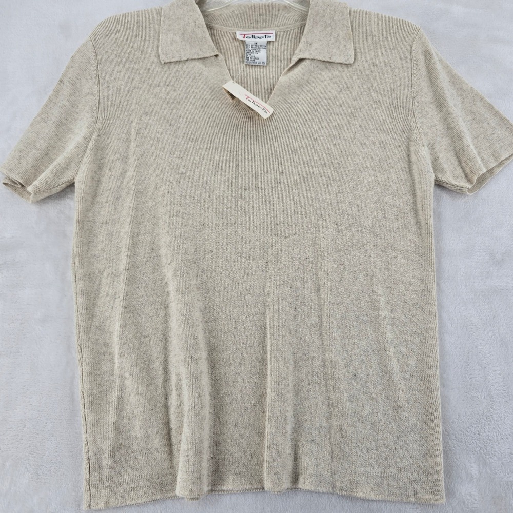 Talbots Polo Sweater Womens M Short Sleeve Beige Oatmeal Cotton Linen Knit